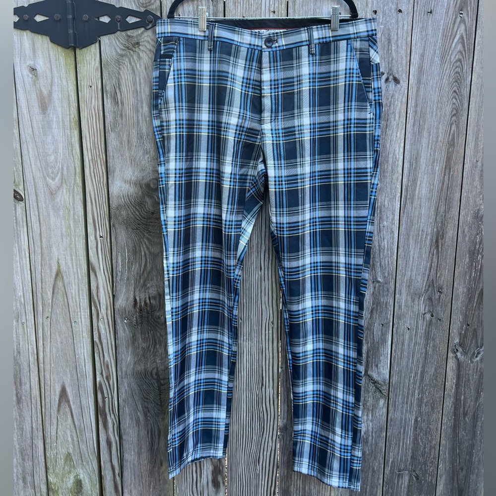 SUSLO COUTURE Blue Plaid Dress Cotton Stretch Golf Pants Trousers 38x32 NWT NEW
